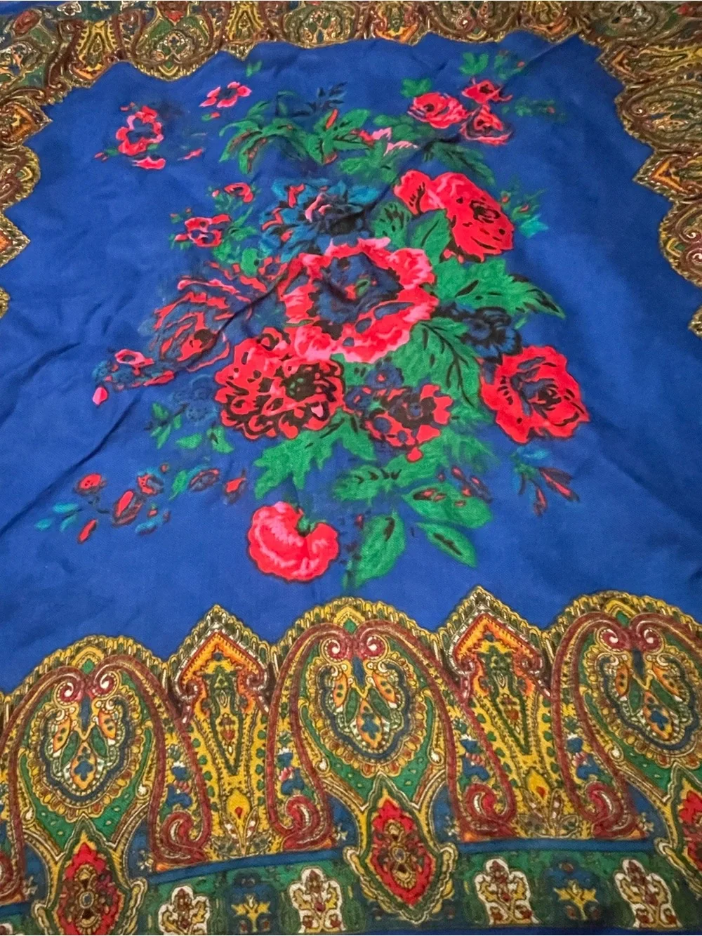 Vintage Pavlovo Posad Russian Wool Shawl Scarf Blue Paisley Floral